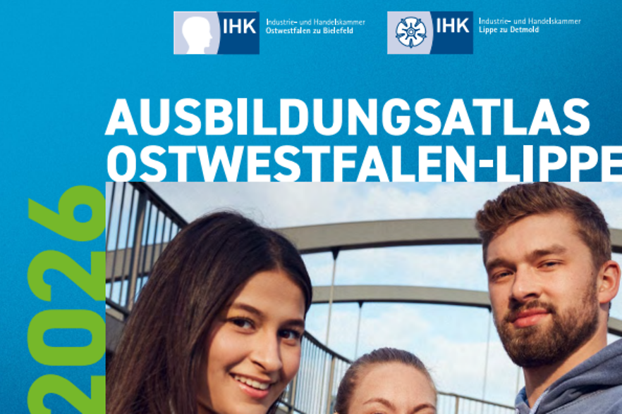 Das Bild zeigt einen Ausschnitt des aktuellen Umschlags des IHK-Ausbildungsatlas für OWL.