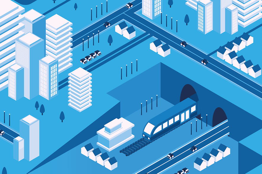 Illustration: Stadt mit Hochhäusern, Auto- und Schienenverkehr