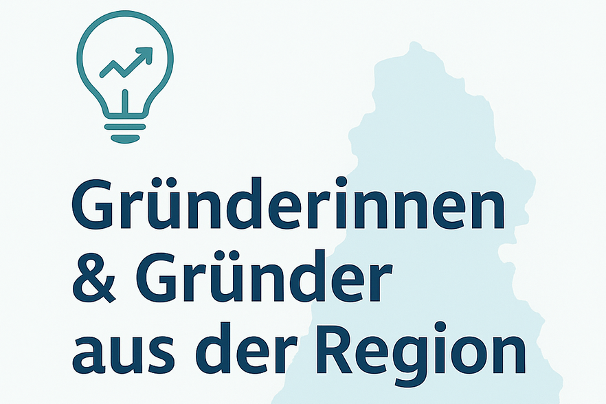Gründerinnen & Gründer aus unserer Region Grafik mit Glühbirne ; dazu Schriftzug: Gründerinnen und Gründer aus der Region