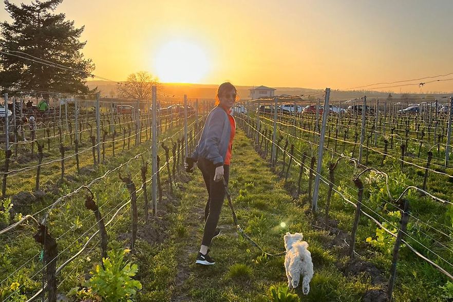 Jennifer Kettemann mit Hund in den Pf&auml;lzer Weinbergen.