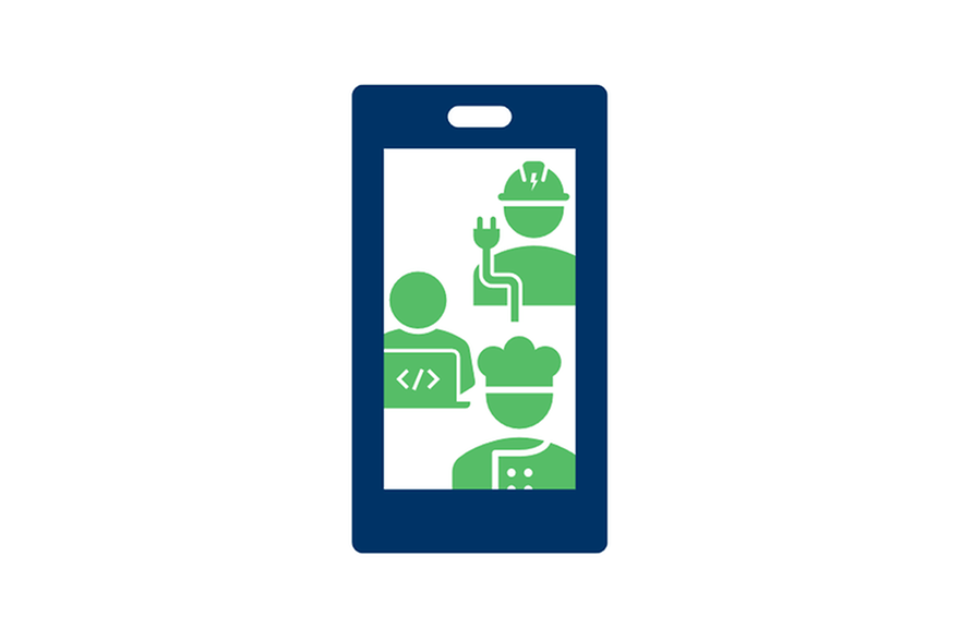 Icon eines Handys auf dem Menschen verschiedener Berufe dargestellt sind: K