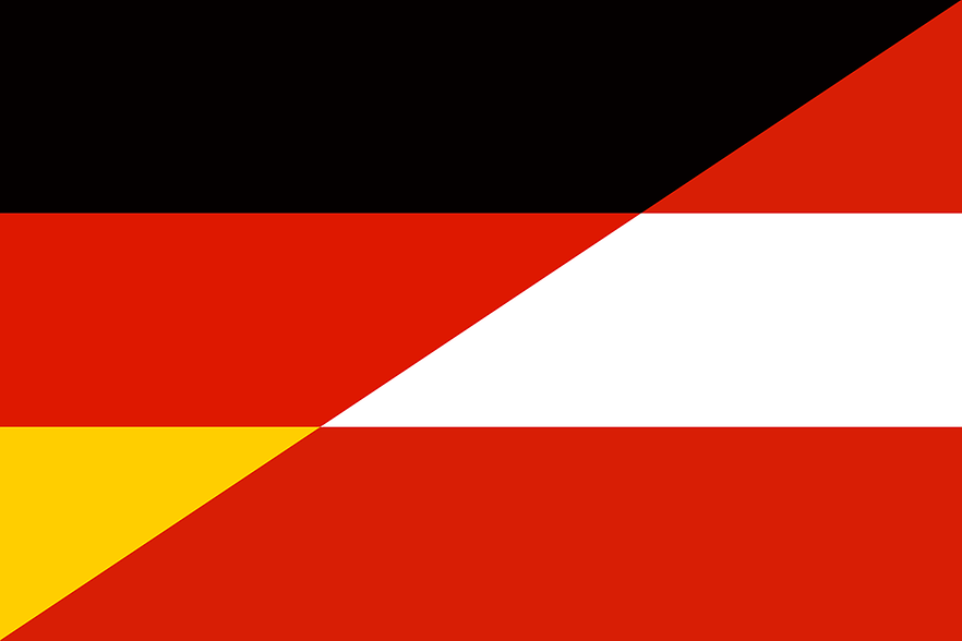 Die Deutschland und Österreich-Flagge jeweils halbiert auf einem Bild vereint.