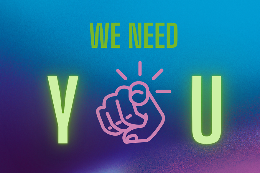 Zeigefinger mit Text "We Need You"