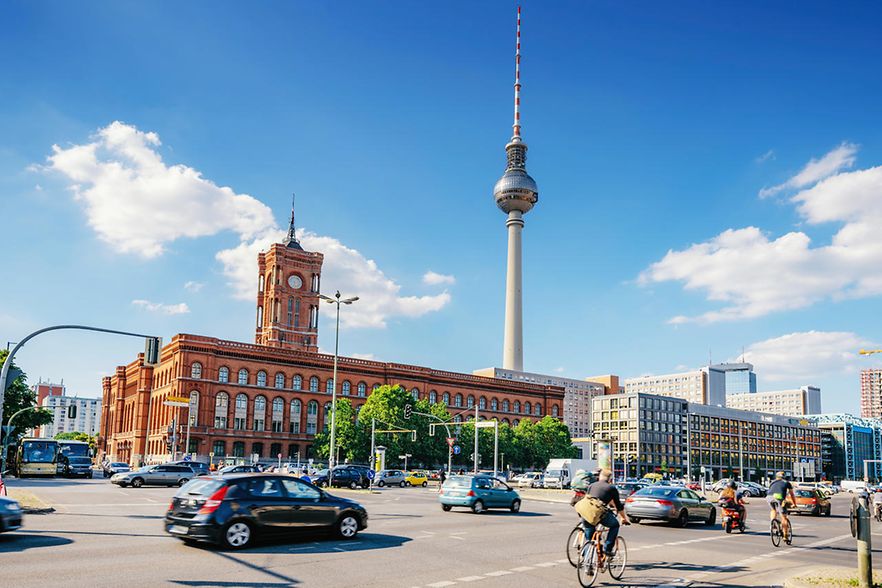 traffic in front of Red Rathaus in Berlin and TV-Tower