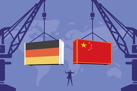 Compsing mit zwei Containern, die die Wirtschaftsverbindungen Deutschland und China zeigen sollen