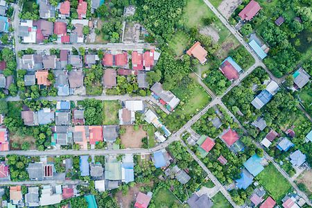 Aerial,Photo,From,Drone:,Neighborhood,With,Residential,Houses,And,Driveways,