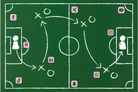 Fussballfeld mit Strategiepfeilen und Social Media Icons anstatt Fussballspieler