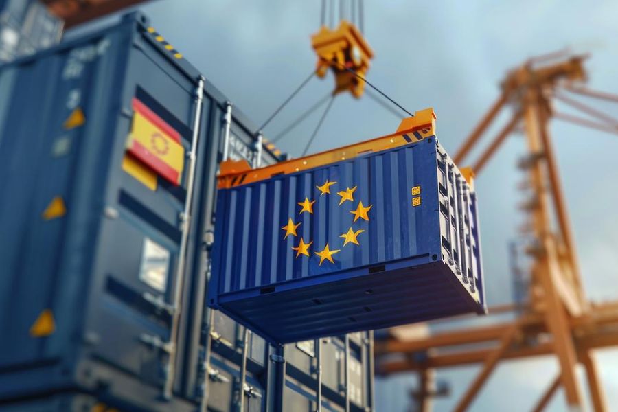 Ein Container an einem Kran mit dem EU-Logo drauf.