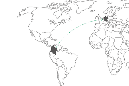 L&auml;nderkarte, auf der ein Pfeil von Kolumbien nach Deutschland zeigt
