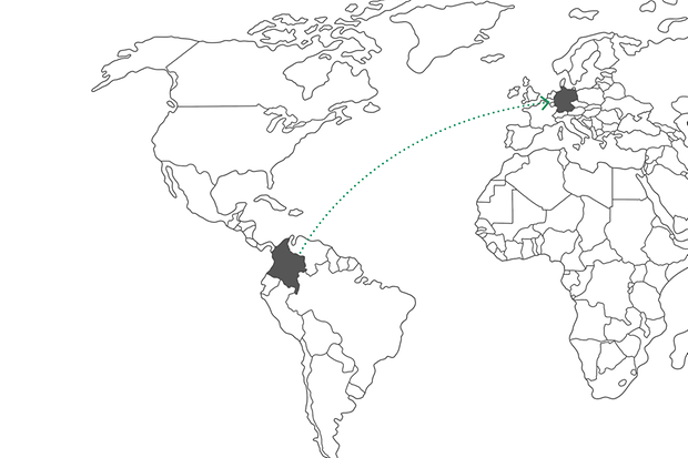 Länderkarte, auf der ein Pfeil von Kolumbien nach Deutschland zeigt
