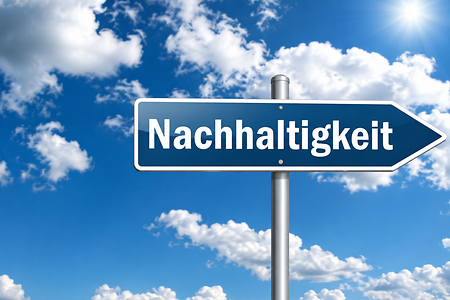 blauer Wegweiser mit dem Wort Nachhaltigkeit