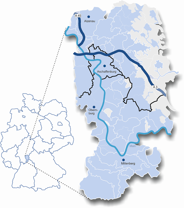 grau = gemeindefreie Gebiete Vektordaten UEK 500 des Bayer. Landesvermessungsamts http://www.geodaten.bayern.de Nutzungserlaubnis vom 13.12.02 Az.: VM 3840B - 3828
Bayerischer Untermain + Deutschland 2019 Farben