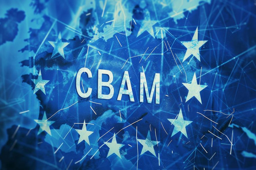 Schrift CBAM auf blauem Hintergrund mit Europaflagge