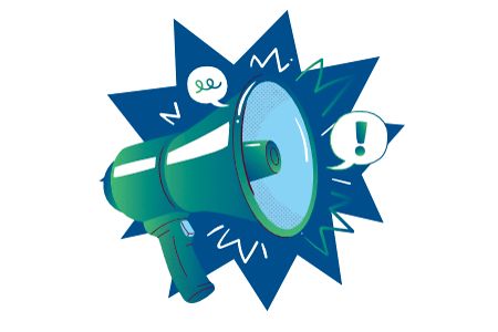 Megafon umgeben von Sprechblasen