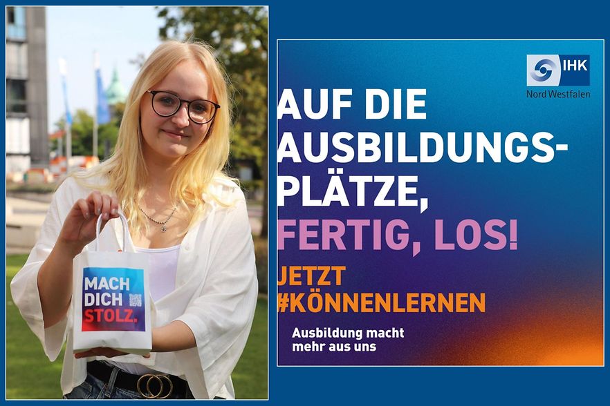 Eine junge Frau h&auml;lt eine T&uuml;te in der Hand. Daneben wirbt ein jetzt #k&ouml;nnenlernen-Slogan f&uuml;r Ausbildung.