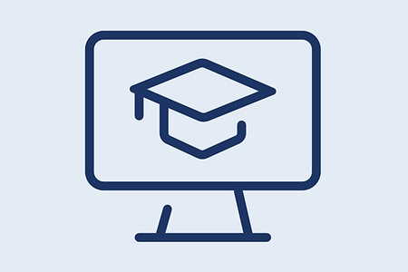 Piktogram eines PC-Bildschirms mit einem Doktorhut darauf. Symbolbild für E-Learning und Webinare.