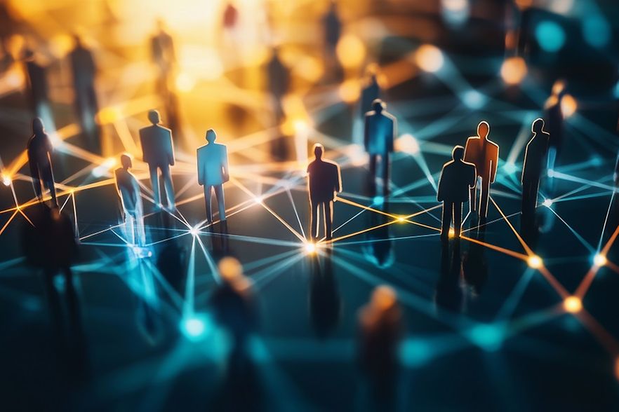 M&auml;nnchen, die untereinander vernetzt sind per Lichtstrahl