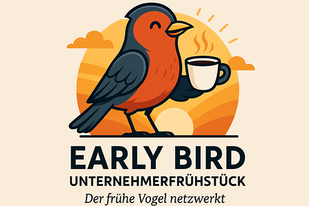 Die Grafik zeigt bei Sonnenaufgang einen Vogel, der eine Kaffeetasse hält.