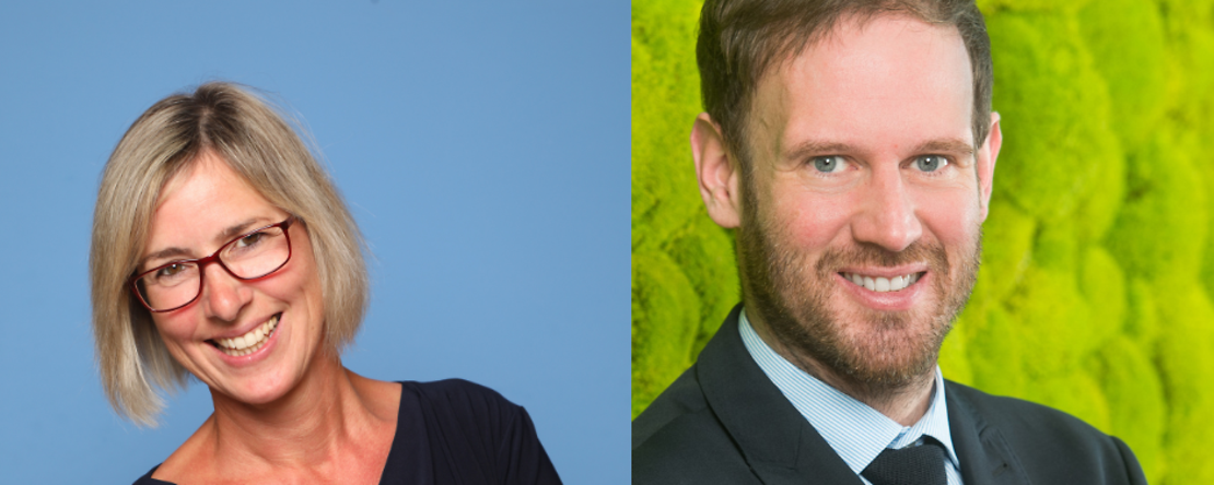 Die nächste Generation fördern Man sieht zwei Porträtbilder von einer Frau und einem Mann.