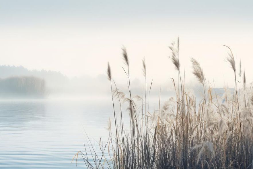Beautiful serene nature scene with river reeds fog and water