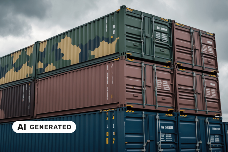 Braune, blaue und gr&uuml;n-gemusterte Container stehen &uuml;bereinander. 