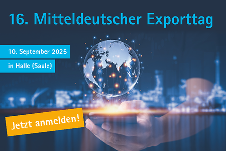 Grafik zum 16. Mitteldeutschen Exporttag in Halle (Saale) mit Weltkugel, Smartphone und Hinweis jetzt anmelden