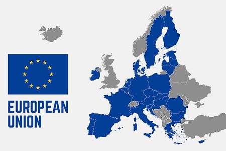 Europa-Karte, in der die 27 EU-Staaten blau hervorgehoben sind.