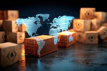 Container und Weltkarte als Symbol f&uuml;r globale Lieferketten.