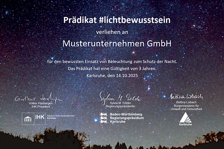 Sternenhimmel mit Prädikatstext von Unternehmen und den Unterschriften