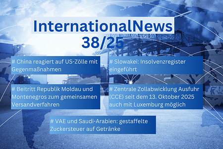 InternationalNews 38/2025 Die blaue Fotocollage zeigt einen Frachthafen mit Frachtcontainer und einer Weltkarte im Hintergrund