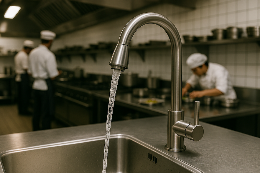 Küche in einem Gastronomiebetrieb, Wasserhahn im Vordergrund