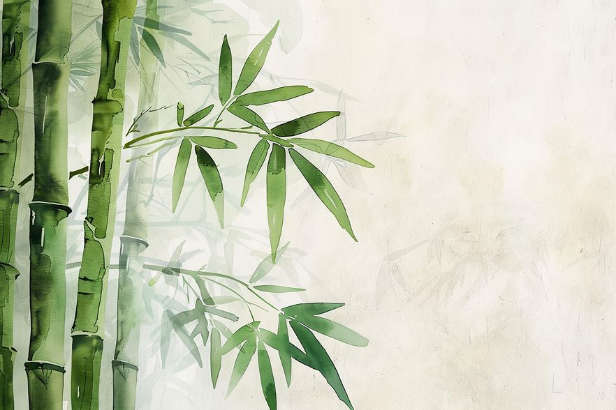 A painting of bamboo trees with a light green background