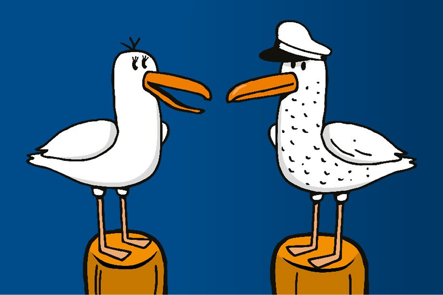 Grafik mit zwei Möwen, die sich austauschen