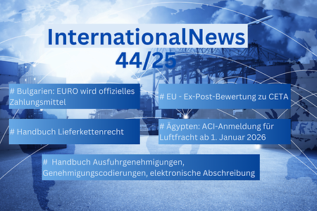 Die blaue Fotocollage zeigt einen Frachthafen mit Frachtcontainer und einer Weltkarte im Hintergrund