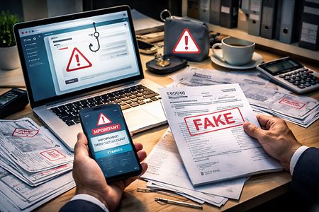 Symbolisches Bild f&uuml;r Fakerechnung und Phishing mit Laptop, Unterlagen auf Schreibtisch und Angelhaken