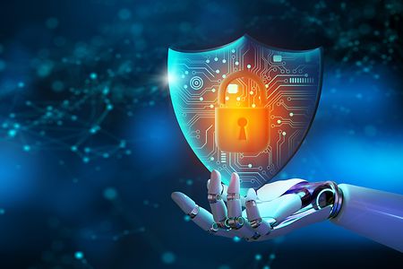 Roboterhand, die Security-Zeichen mit Schloss h&auml;lt