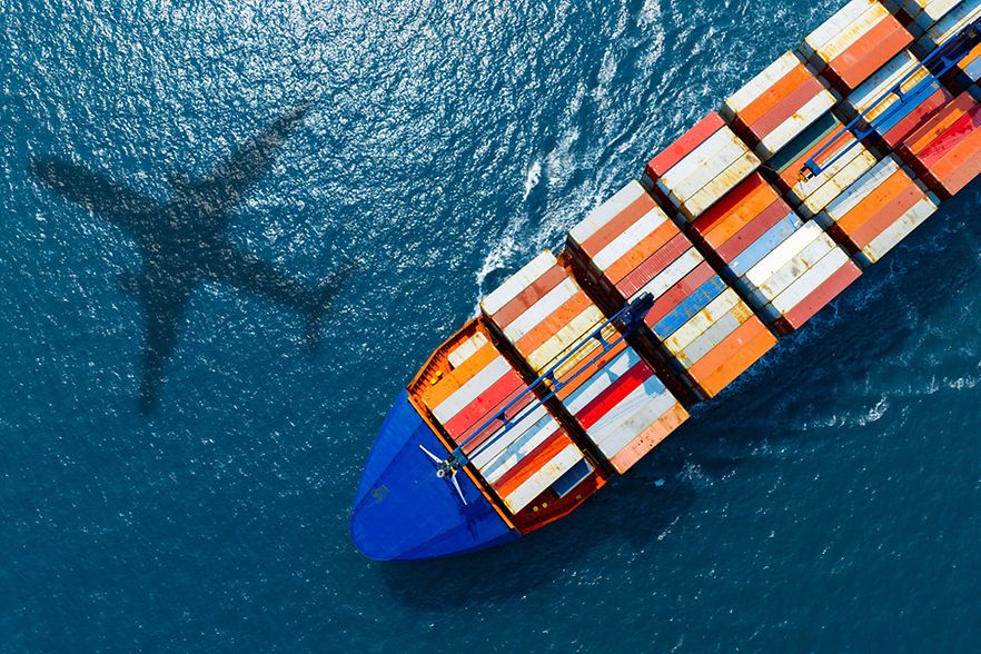 Aerial View Of The Freight Shipping Transport System Cargo Ship