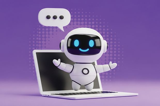 kleiner fr&ouml;hlicher Chatbot schwebt &uuml;ber einem aufgeklappten Laptop