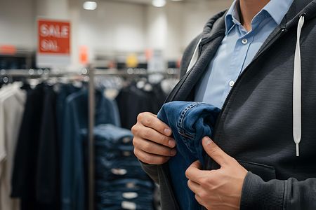 Ein Mann versteckt in einem Modegesch&auml;ft eine Jeanshose unter seiner Jacke.