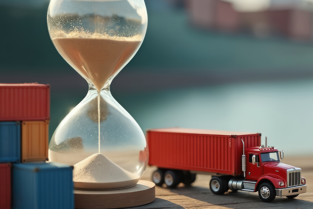 Sanduhr sowie kleiner LKW und mehrere Container
