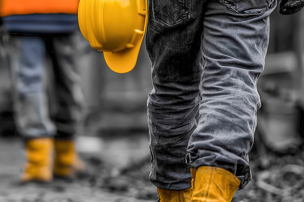 Person in Baukleidung mit Helm in der Hand