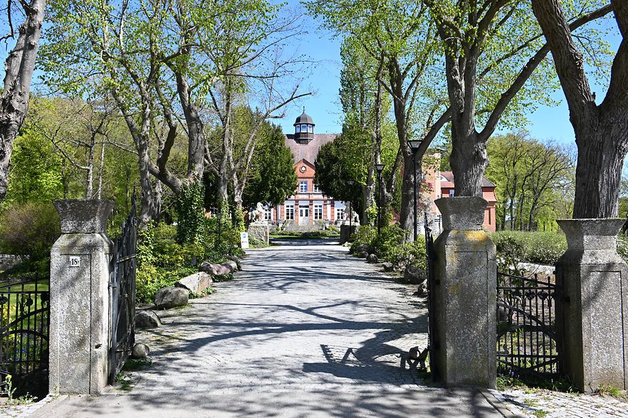 Blick in eine Allee, f&uuml;hrt zu einem Backsteinhaus