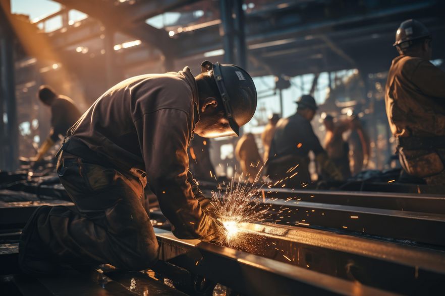 Ein Arbeiter schwei&szlig;t etwas in einer Industriehalle.