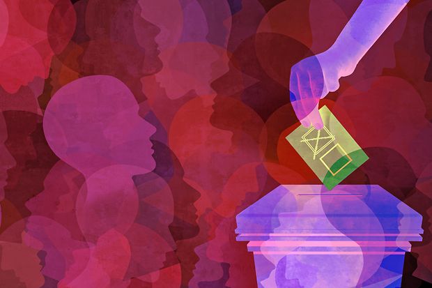 Eine Grafik, auf der eine Hand einen Zettel in eine Wahlurne steckt