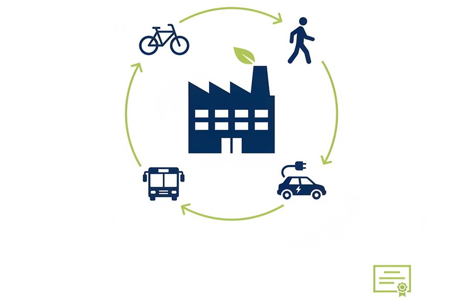 Schematische Darstellung von betrieblicher Mobilit&auml;t (&Ouml;PNV, E-Auto, Fu&szlig;g&auml;nger, Rad) mit Piktogrammen