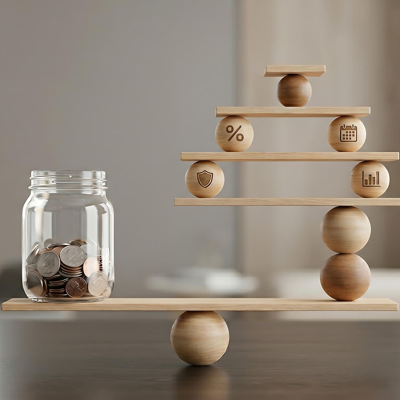 Waage aus Holz mit Kugeln und Brettern, eine Seite ein Glas mit Münzen, anderen Seite Kugeln mit Symbolen