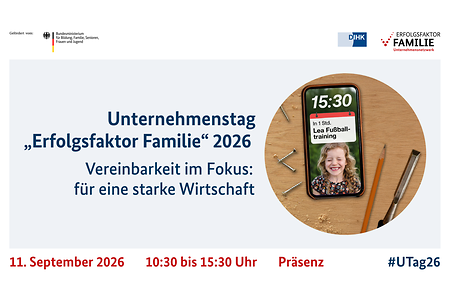 Das Bild zeigt die Veranstaltungsdaten sowie ein Handy mit einem Kind als Bildschirmhintergrund. 