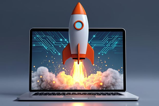 Startende Rakete vor Laptop