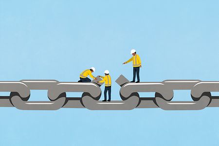 Grafik von Arbeitern die eine Kaputte Kette reparieren