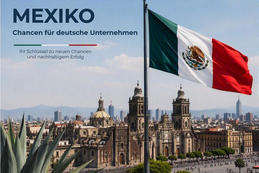 Bild mit der mexikanischen Flagge, im Hintergrund die Kathedrale von Mexiko City